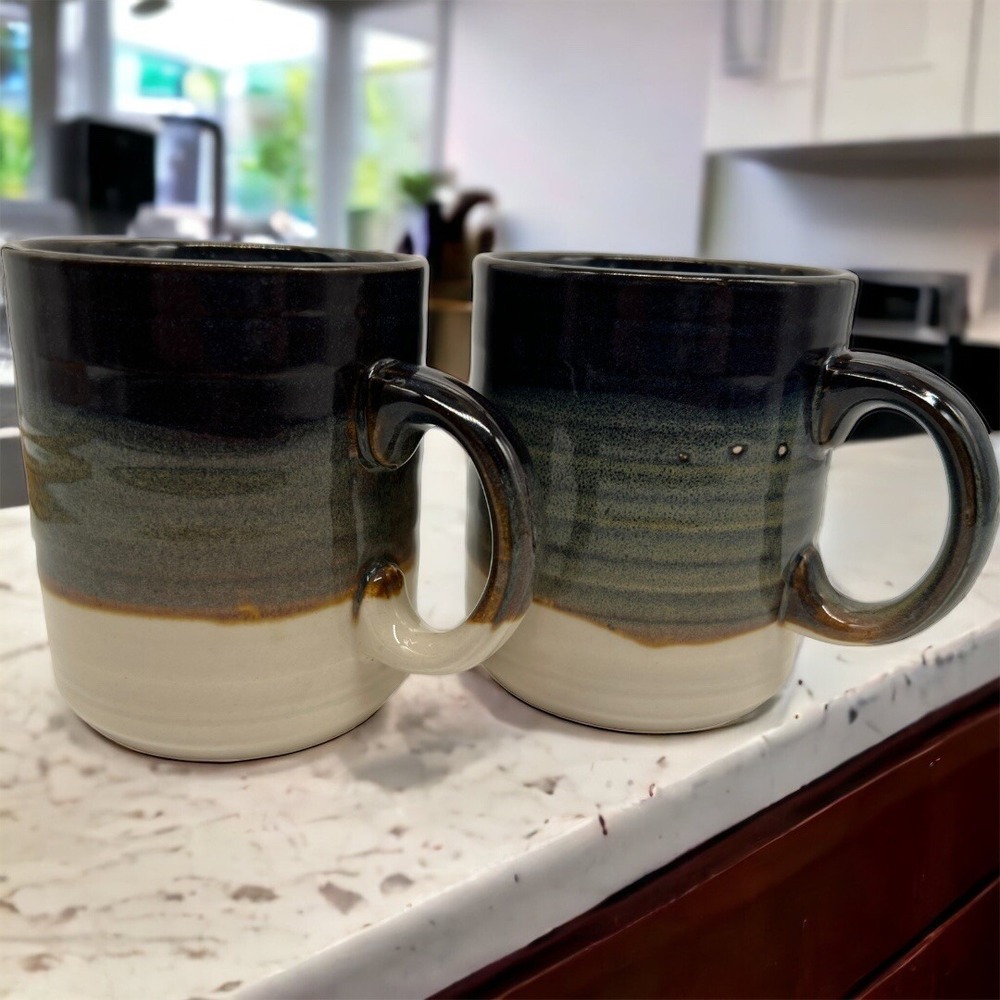 2 Dip Glazed Mugs Cups Blue Green Cream Earth Made In England Boho Stoneware